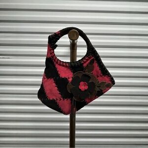 HOBO Pink and Black Checkered Clutch Suede Leather Vintage Flower Detail Hobo